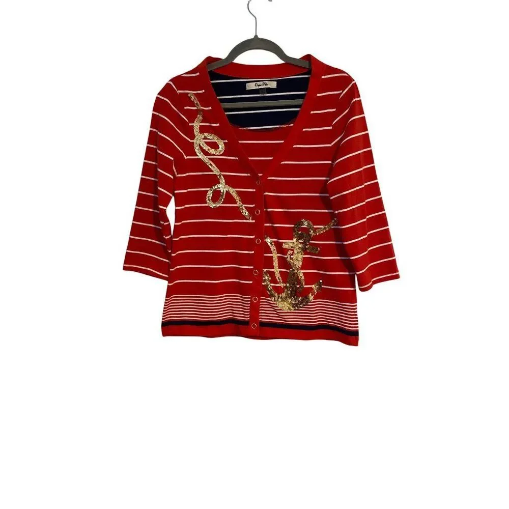 Onque Petite L Cardigan Women’s Red & White Striped Sequin Anchor Rope Detail